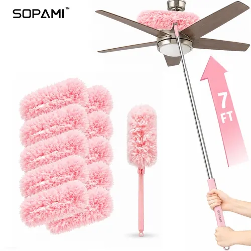 SOPAMI 7ft Adjustable Long Handle Microfiber Duster - Bendable 360° Flexible Head, Disposable Electrostatic Absorbent Microfiber Duster Heads, Reusable Brush for High Corners, Household Cleaning Supplies