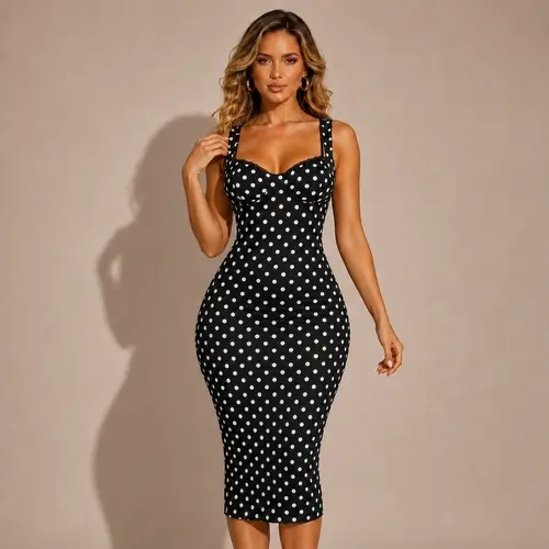 ChicCurve Women's Sexy Polka Dot Bodycon Midi Dress, Elegant Sleeveless Square Neck Lace Trim Slim-Fitting Dress, Stretchy Comfortable Pencil Dress for Evening Party, Cocktail, Date Night & Casual Chic Style