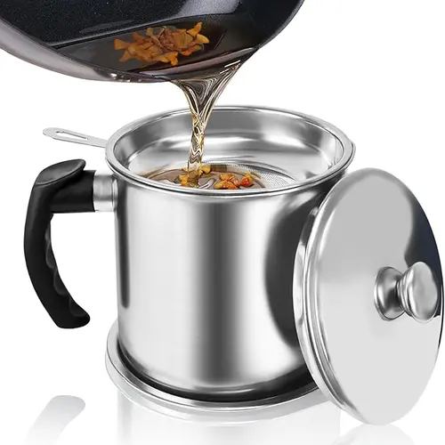 AISOON 1400ML Bacon Grease Container with Strainer, 304 Stainless Steel Oil Filter Pot with Lid and Tray, Reusable Frying Oil Keeper for Cooking Grease and Kitchen Storage
