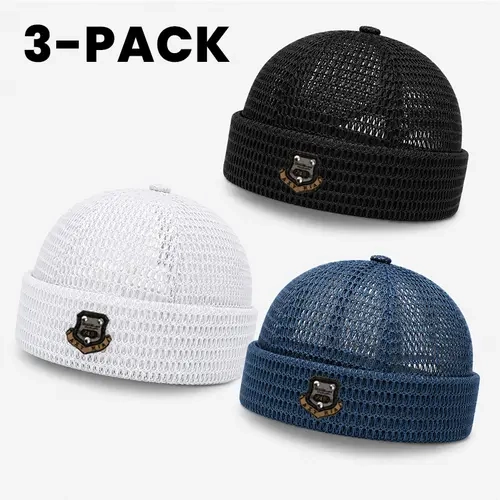 Men's 3-Pack Blended Yarn Mesh Beanies - Feather-Soft, Lightweight, Breathable Hollow-Knit Cuffed Skull Caps for Running, Daily Outdoor Use, Running Errands | Casual Men's Hats for Modern Wardrobe Accessories