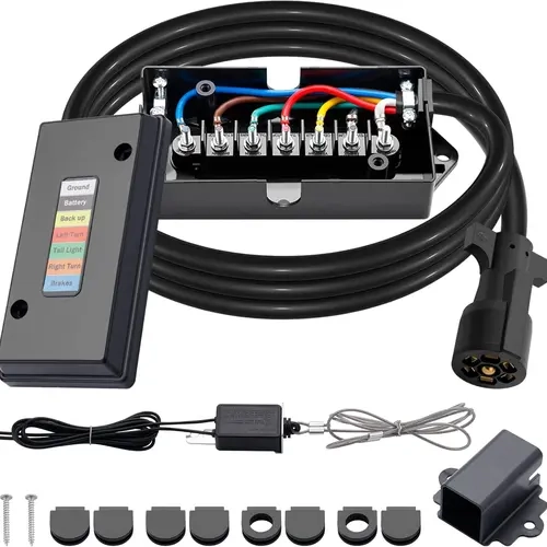 RSH Heavy Duty 7-Way Trailer Cord & 7-Gang Junction Box Kit, 8 FT Wiring Harness with 12V Breakaway Switch & 12v Plug Holder, Compatible for RVs, Trailers, 7 Way Trailer Cord And Junction Box Kit