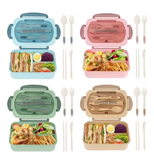 ONESHOW HOME Modern Portable Bento Box - Leakproof 3-Compartment Reusable BPA-Free To Go Food Container with Fork Tableware for Work, Meal Prep, Food Storage, Storage Lunch Boxes