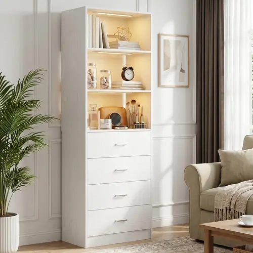 Cyclysio Durable Tall Dresser - 21.3''W Waterproof Wood Tall Cabinet, 3 Sensor Lights (120° & 3m Range), 4 Drawers, Aesthetic Display Shelves, Night Sensing Tech, Closet Storage System for Small Spaces, 60 in & Above Single Unit, Assembly Required