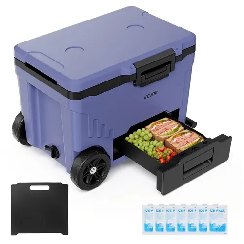 VEVOR 45QT Hard Cooler - Rolling Insulated Cooler with Wheels, Leak-Resistant Seal, 48-Hour Ice Retention, Dual-Zone Dry/Wet Drawer, Telescoping Handle & Cup Holders for Camping, Picnic, Fishing