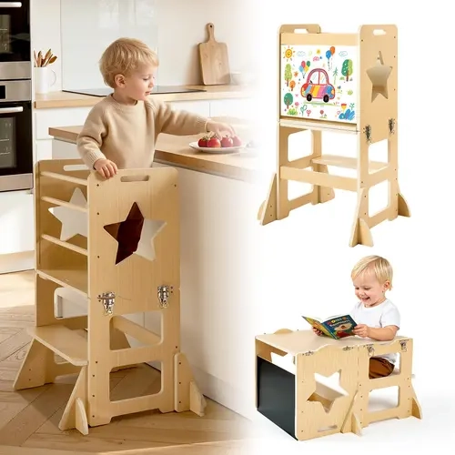 VEVOR 4-in-1 Wooden Montessori Furniture Set, Sturdy Kitchen Step Stool with Detachable Double-sided Chalkboard, Locking Latch Hold, Weaning Table & Chair, for 1-2 Yrs Olds, Rounded Edges, Wipes Clean Fast, 132 lbs Capacity, Holidays Essential#SohoChic