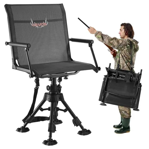 VEVOR Hunting Chair for Adults, 360° Silent Swivel, 22.4 x 19.7 x 42.5 in, Lightweight Portable Foldable, Heavy-Duty Steel Frame Ground Stool with Armrests, Anti-Sink Feet, Height Adjustable, 350 Lbs Capacity, Smoother Movement, for Outdoor Use, Fishing