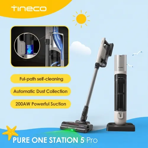 Tineco Pure 1 Station 5 Pro Cordless Rechargeable Bagless Vacuum Cleaner, 25.2V Battery Powered, Automatic Dirt Disposal, Full-Path Self-Cleaning, ZeroTangle Brush, Up to 100 Mins Runtime, for Pet Hair, Carpet, Hard Floor