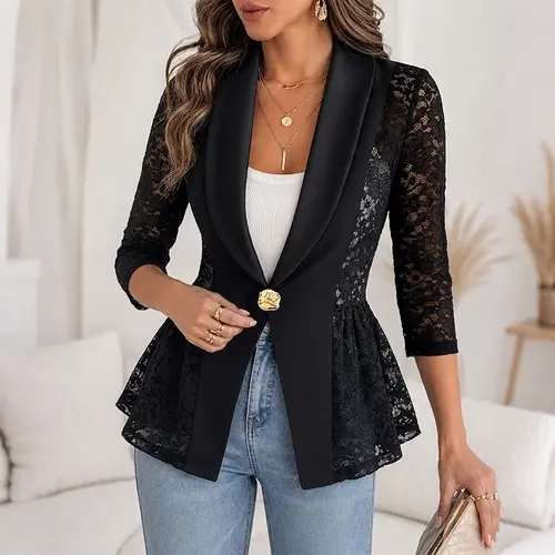 CHICME Women's Lace Patchwork Blazer Elegant Shawl Lapel Peplum Coat Single Breasted Three Quarter Sleeve Outwear