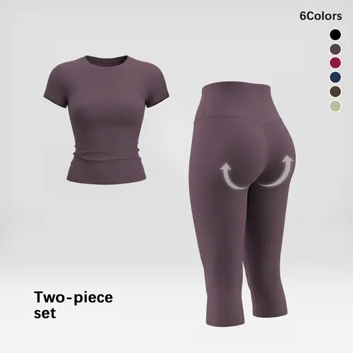Women's 2-Piece Matching Activewear Gym Workout Set - Slim-Fit Short Sleeve Quick Dry Polyester T-Shirt, High-Waist Tummy Control Butt Lifting Capri Leggings for Gym & Fitness Needs, Leggings Women Outfit Sets, Outfit Sets For Women