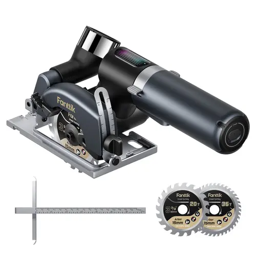 Fanttik O11 Pro Cordless Circular Saw Kit - 3-3/8 in Brushless Lithium Ion Wireless Saw, 4500RPM, 1 in Max Cutting Depth, 0-45° Bevel, Built-in Battery, 2 Blades, Dust Port, Portable Wood Cutting Tool for Work & DIY