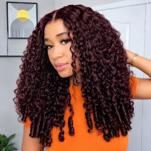 OQ HAIR Glueless Blackcurrant Brunette Burmese Curly Wig with Drawstring Pre-cut 13x6 Lace Frontal Human Hair Wigs Beginners Friendly Wig #tiktokshopstockup #SohoChic