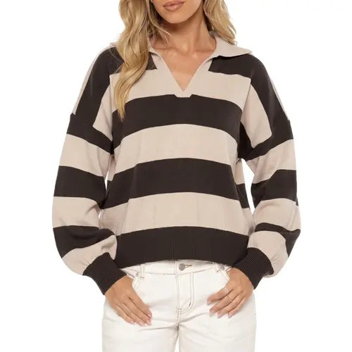EVALESS Women's Polyester-Polyamide Soft Blend Knit Sweater - Ribbed Striped Polo Collar, Half V-Neck, Balloon Long Sleeve Tops, High Stretch 60% Fabric, Oversized Lightweight Loose Casual Pullover, Clothes for Women, All-Day Cozy Wear, Summer Outfits