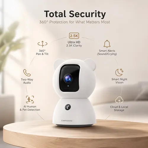 CINMOORE 2.5 Kilopixel AI Baby Monitor & Pet Camera, Cry Detection, Human & Animals Detection, Motion Tracking, Night Vision, 2-Way Audio, Micro SD Card Support, Instant Alerts, No Monthly Fees, No Ads for Home Safety Peace of Mind