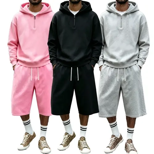 Men's 2-Piece Lightweight Athletic Tracksuit Set - Long Sleeve Half-Zip Hoodie & Capri Pants, Drawstring Elastic Waist, Soft Breathable Streetwear, for Workouts, Sweat Sets, Athletic Outfits