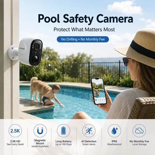 CINMOORE 2.5-Megapixel Wireless Waterproof Pool Safety Camera - Local Magnetic Mount, AI Human Detection, No Drilling/Monthly Fee, Remote Control, Indoor Outdoor WiFi Pan Tilt Device for Protection