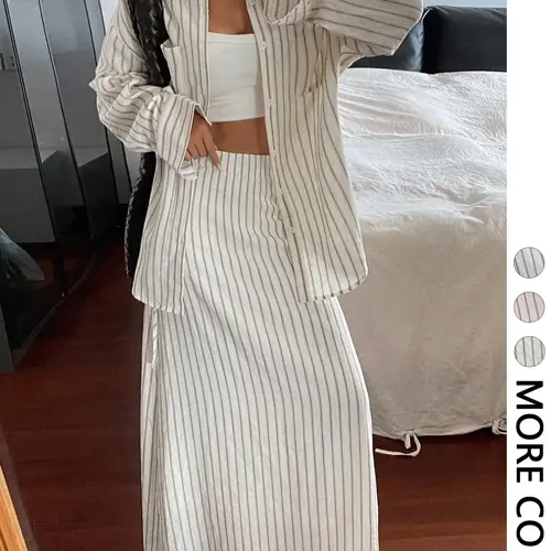 Women's Casual Striped Long Sleeve Button Loose Shirt and Skirt Set, Clothes, Spring & Fall Fashion, Slim-Fitting Suit, Plain Pattern