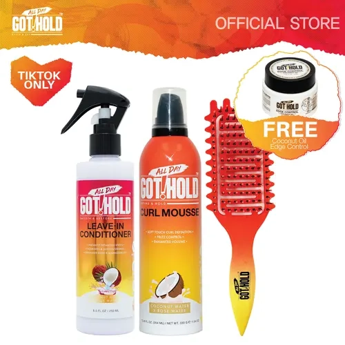 ALL DAY GOT HOLD Daily Hydrating Haircare Bundle for Adults - Foaming Lightweight Moisturizer Mousse, Curl-Defining Brush, Leave-In Conditioner, Free Edge Control Gel for Wavy, Knotless Braids to Tame Frizz