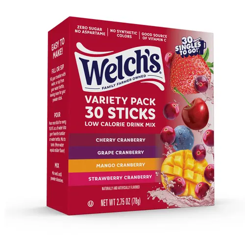 Welch's Mixed Cranberry Grape On-the-Go Hydration Powder Stick Packs - 30 Singles To Go Drink Mix Packets, 4 Fruity Sugar Free Juice, Vitamin C, Citric Acid, Gluten Free, Low Calories, Mix in Seconds, US-Made
