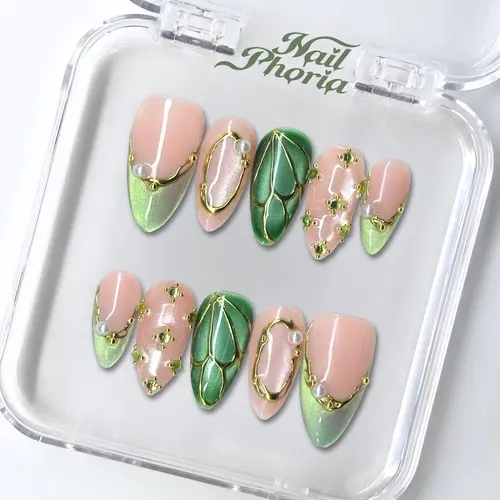 NailPhoria JADE FLUTTER -SUMMER Handmade Press-On Nails | Reusable, Salon-Quality, Long-Lasting, Glossy Design