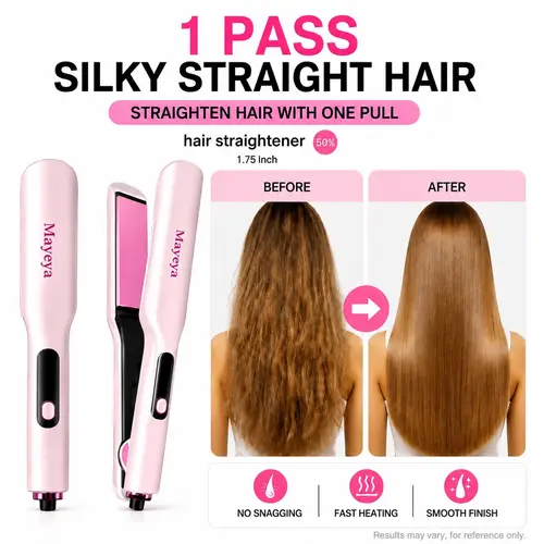Mayeya 2-in-1 Lightweight Ceramic Hair Straightening & Curling Comb - Daily Hair Styling Tool, 10s Heat-Up, 1-in Barrel, 3 Adjustable Heat Settings, Max 450°F (232°C), Universal, Pink, 3936, For Blowout Looks