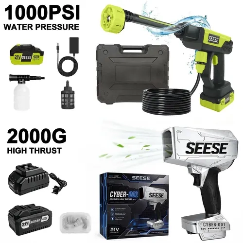 SEESE 21V Cordless Car Cleaning Kit with 1000 PSI Pressure Washer & 2000G Turbo Leaf Blower | Portable Power Washer and Air Duster for Car Washing, Drying, Patio & Garden | Fathers Day Gift toolupgrade