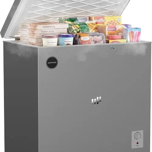 Upstreman 7.0 Cu.Ft Steel Shell Lockable Chest Freezer (freezers chest), 7-Level Mechanical Thermostat (-18°F to 10°F), Key Lock, Rolling Wheels, Quiet Topdoor Cold Trap, 115V 335W Plug, Garage Ready, 32.6"w x 22.2"d x 33.5"h, Silky Silver-CF70
