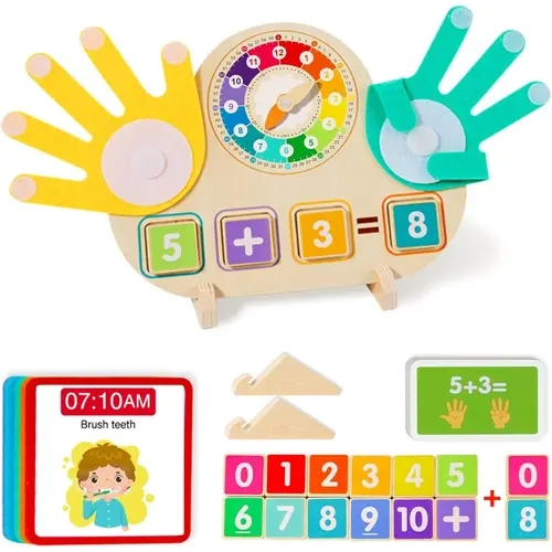 2-in-1 Hands-On Montessori Toy - Finger Counting Blocks, Teaching Clock, Math Learning Materials, Toddler Learning Activities for 3-5 Year Olds, Birthday Gifts
