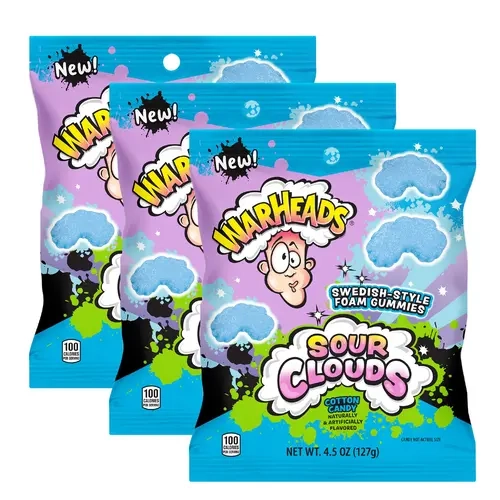 Warheads Sour Clouds Extreme Foam Gummies, 4.5oz Soft Tangy Sour-Sweet Cotton Candy-Flavor Treat, 3-Pack Bags for All Ages