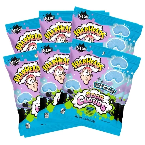 Warheads Sour Clouds Cotton Foam Candy - Soft, Tangy, Fruity Fruit Chews, Chewy Sweets, 4.5 oz Bags, 6-Pack Treat for All Ages, Cupboard Snack