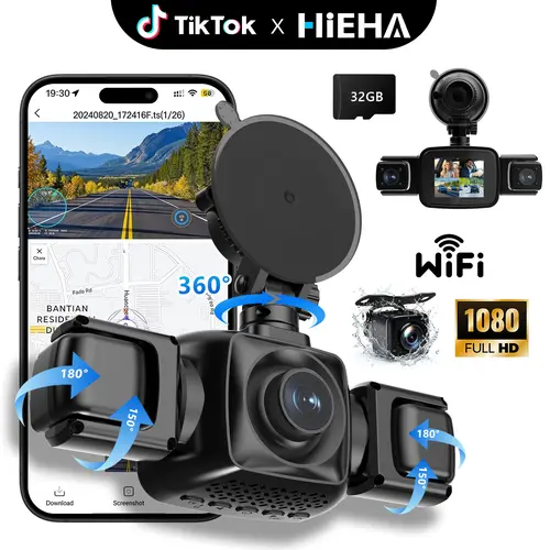 HiEHA 4-Independent-Lenses 4-Lens Car Dashcam, 360° Coverage with Rear View, Full HD 1080P, Wi-Fi Enabled, 32GB Card Included, HDR Night Vision, 24H Parking Monitor, G-Sensor, Auto Loop Recording, Adjustable Angles, Easy Installation for Cars/SUVs