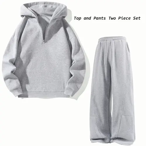Men's Solid 2 Piece Athletic Tracksuit Set Half Zip Hooded Long Sleeve Top, Wide Leg Track Pants, 100% Polyester Gym Sets, Casual Matching Sportswear Apparel