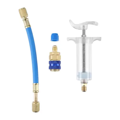 30ml (1 oz) Compact Oil & UV Dye Injector Kit for Car HVAC Compressor, Easy-to-Operate Manual Refrigerant Injection Tool with 1/4 SAE Quick Coupler, Wear-Resistant Rubber Hose, Solid Copper Build, Long Service Life for A/C Leak Detection & Oil Refill