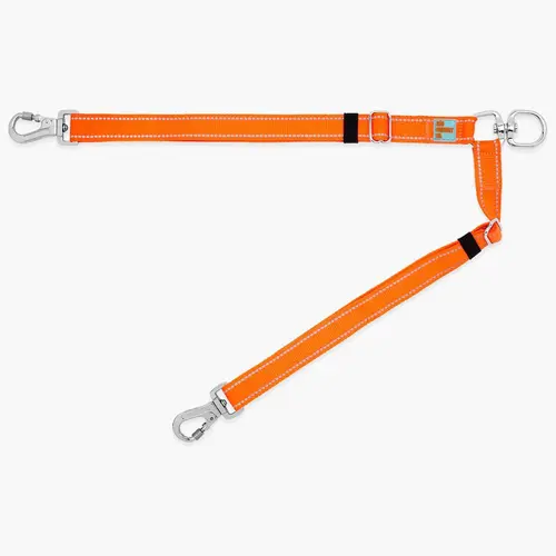 Dog Friendly Co. Solid Double Dog Leash Splitter - 360° Swivel Tangle-Free Coupler, Adjustable Length 16.5-27in (42cm to 68cm), Reflective Webbing Safety, 2 Heavy Duty Clips for Walking