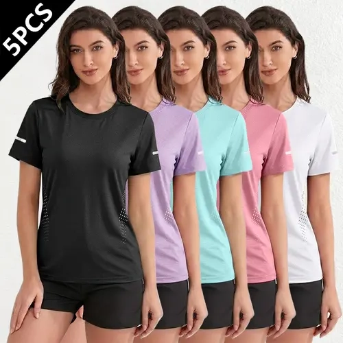Women’s 5-Pack Crew Neck Dry Fit Activewear T-Shirts - Breathable, Quick-Dry, Stretchy Plain Tech Short Sleeve Tops with Reflective Run-Safe Strips, for Gym Workout Apparel, Sports-Inspired Casual Summer Wear