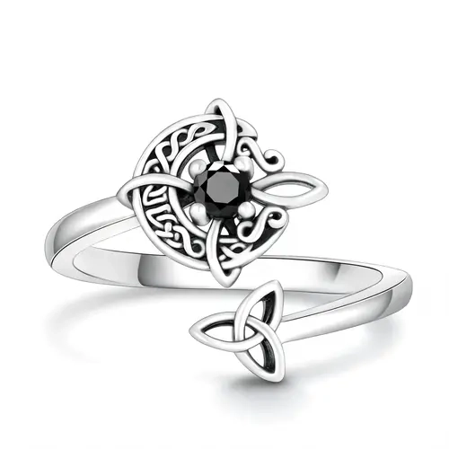 Women's Adjustable Vintage Silver-Tone Obsidian Witch's Knot Gothic Occult Ring - Hypoallergenic Witch Jewelry, Dark Fantasy Alt-Style Embedded Stones Fantasy-Themed Ring for Daily Wear Protection, Ideal Gift, Dark Fantasy Rings