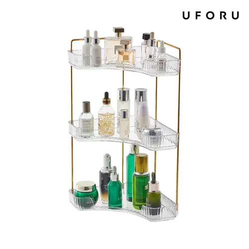 UFORU 3-Tier Transparent Polished Smooth Plastic Corner Shelf, Non-Slip Gold Metal Pole Storage Rack, Bathroom Organizing Accessories with Raised Shape for Vanity Sink Cosmetics & Kitchen Use, Smooth Easy to Assemble