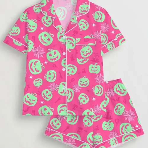 Women's Soft Halloween Pajama Set, Pumpkin and Spiderweb Print Loungewear, Short Sleeve Button-Up Shirt and Elastic-Waist Shorts, Comfortable All-Season Sleepwear