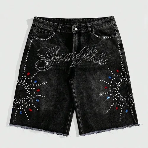 Men's Fashion Rhinestone Denim Shorts, Loose-Fit Oversize American Streetwear Cargo Jeans, Summer New Arrival, Trendy Five-Quarter Pants, Summer Lovin Shorts, Oversized