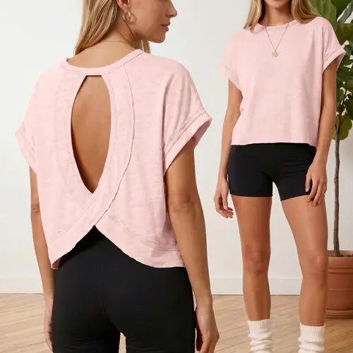 Women's Casual Sporty Hoodie, Round Neck Pullover Loose Backless T-Shirt, Moisture-Wicking Breathable Top, Solid Color Yoga Wear, Dry Fit Stretch