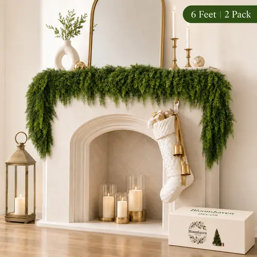 2-Pack 6 FT Real-Touch Artificial Cedar Garlands - Green Pine Greenery, Farmhouse Aesthetic Festive Decoration, Christmas Indoor/Outdoor Home Decor for Mantle, Wall, Patio Yard Home Supplies