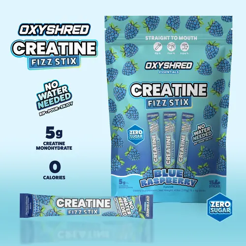 OxyShred Creatine Fizz Stix - Strength & Workout Performance Support - 5g Creatine Monohydrate per Stick - Zero Sugar - No Water, No Shaker: Rip & Pour, 15 Sticks