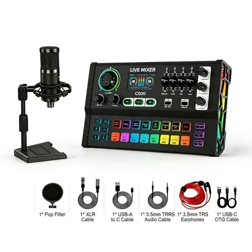 Hosabely Portable C500 Cardioid Condenser Microphone Bundle - 48V Connection, 1-Click AI Vocal Removal, AI Singing Mode, Rack-Level Quality, Silicone-Equipped, Adjustable Noise-Reducing Dynamic RGB Lights for Mobile Karaoke, Streaming, Audio Recording