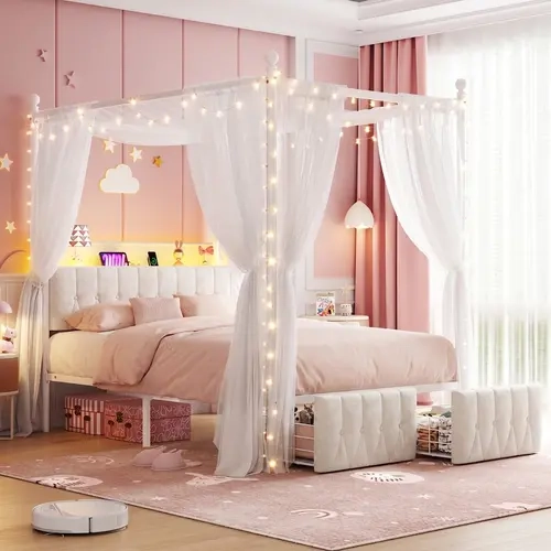【Fantasy Bed】Raybee Nester Modern Canopy Bed Frame King/Queen Size with 2 drawers & Upholstered Headboard, No Box Spring Needed,Platform Bed with Sturdy Steel Slats Support,Noise-Free & Heavy Duty 800lbs Capacity, Under-Bed Storage,Easy Assembly#Cocooners