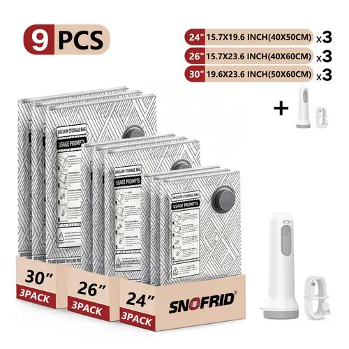 Snofrid Rechargeable & Cordless Travel Vacuum Storage Compression Bags Set - 15 Packs Thick PA+PE Transparent Space Saving Bags (3 Sizes) with USB Rechargeable Handheld Pump, Built-In Battery, Waterproof Reusable Design for Carry-On Suitcases