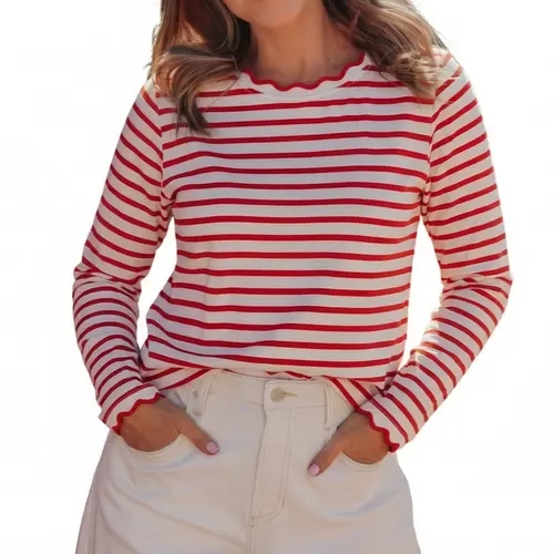 Asvivid Women's Striped Long Sleeve Top Cotton Scalloped Trim Round Neck T Shirt Casual Basic Going Out Stripe Basic T Shirt Cute Tee Tops for Spring Fall Fashion Womenswear Tshirt #