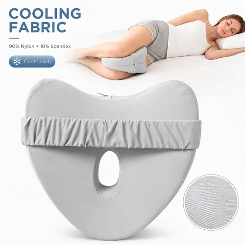 GEECO Ergonomic Memory Foam Knee Pillow - Instant Chill Night Cooling Fabric, Nighttime Alignment, Hip Alignment, Adjustable Leg Positioner for Side Sleeping, Smooth Washable Breathable Cover, Wider Adjustable Straps, Gray, Ergonomic Memory Foam Leg Posit
