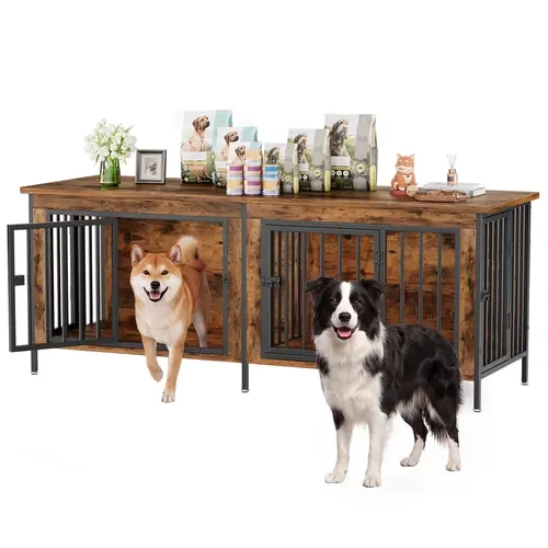 Sweetcrispy 3-in-1 Space Saver Reinforced Metal & Wood Dual Crate Furniture - 2-Compartment Lockable Dog Kennel, Living Room TV Stand/Bedroom Table, Floor-Safe Feet, Double Door Locks, 40lb Capacity, 27.56" L×23.62" W×25.49" H for Small/Med Dogs