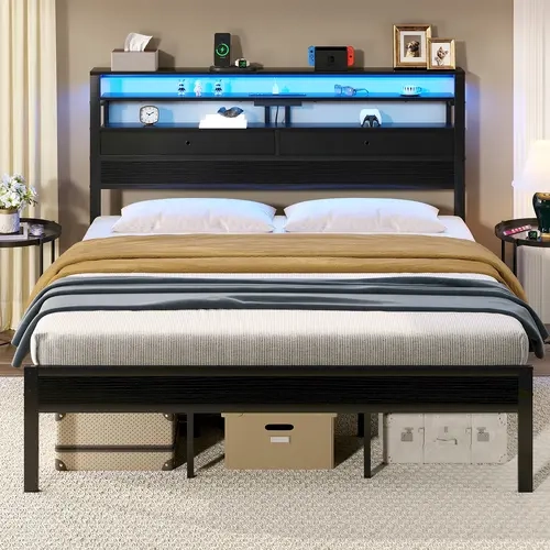 Sweetcrispy Durable Stable Twin Size Storage Metal Bed Frame with USB Port Charging Station, LED Lights, Wood Headboard, 2 Fabric Drawers, Storage Shelves - No Box Spring Needed, Easy Assembly Required, Boys Room Decor Apartment Furniture