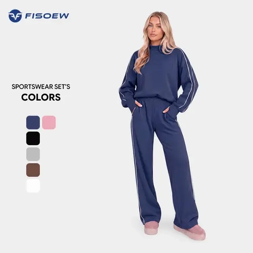 Fisoew Women's 2-Piece Viscose Ribbed Mock  activewear set - Oversized Long Sleeve French Terry Sweatshirt with Thin Elastic Side Stripes, High Waist Wide Leg Pocketed Bottom, College Wear (Navy, Chocolate) - Women's 2-Piece Sets, Matching Sets.