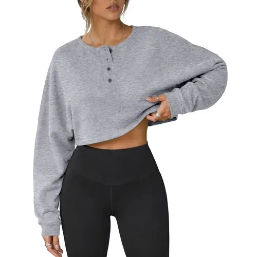 Fisoew Women's Cotton-Polyester Long Sleeve Cropped Henley Neck Sweatshirt - Loose Fit, Breathable, Casual Workout Pullover, Everyday Tops, Fall Fashion, Polyester Long Sleeve oversized tops